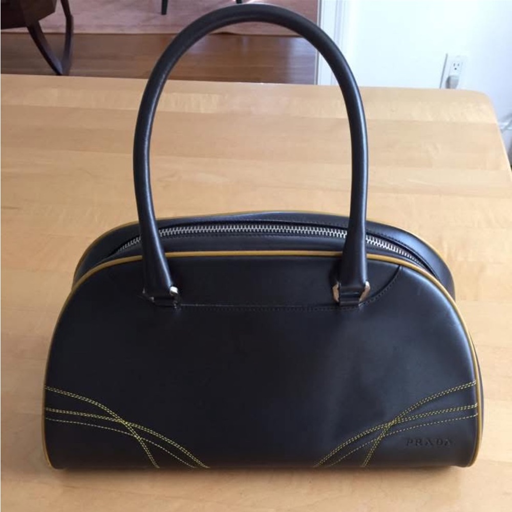 PRADA Rare Boston Bowling Bag in Brown Leather with Contrast
